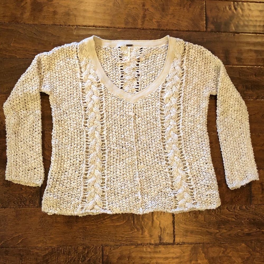 Free People beige V neck open weave cable sweater